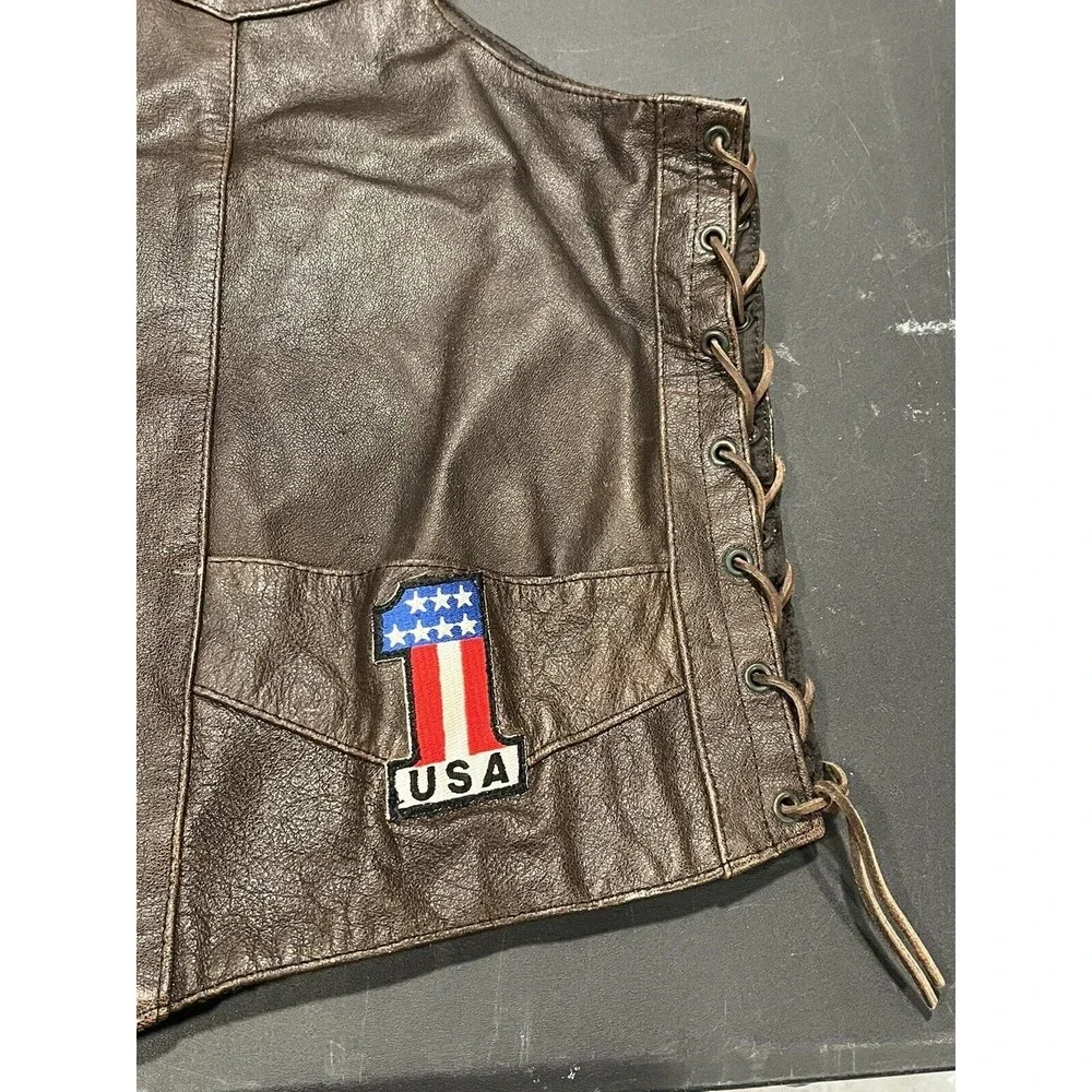 UNIK Premium Leather Brown Biker Motorcycle Vest Size 56 BORN‎ TO RIDE USA Patch